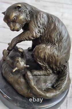 Mignon chat avec chaton Art Déco Bronze Statue en marbre Sculpture cadeau décoratif NR