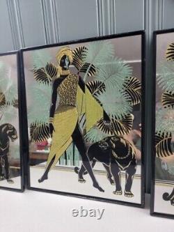 Miroir à trois panneaux de style Art Déco vintage avec graphiques d'écran Sunwest représentant un panthère.