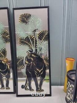 Miroir à trois panneaux de style Art Déco vintage avec graphiques d'écran Sunwest représentant un panthère.