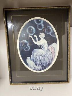 Oeuvre encadrée Louis Icart Fashion Lady Blowing Bubbles avec chat persan Art Déco 26 x 22