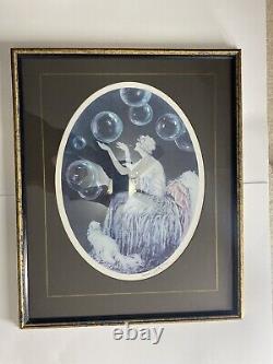Oeuvre encadrée Louis Icart Fashion Lady Blowing Bubbles avec chat persan Art Déco 26 x 22