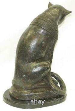 Original Art Déco Egyptian Cat Bronze Sculpture Marble Base Statue Grand Décor