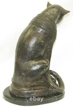 Original Art Déco Egyptian Cat Bronze Sculpture Marble Base Statue Grande