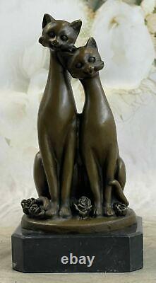 Original Vieux Chat En Bronze Signé Figurine Sur La Base Chats Art Déco Deux Cat Sculpture