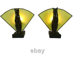 Paire de lampes de table Art Déco avec des chats et du verre ambré, expédition dans toute l'Australie.