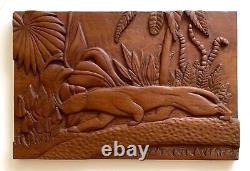 Panneau en bois sculpté Art Déco vintage avec jaguar de la jungle