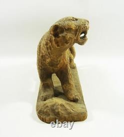 Panthère Gros Chat 8.6, Figurine Sculptée Vintage en Bois Signée par un Artiste ! (f021)
