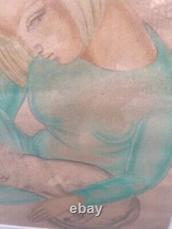 Peinture Art Déco Moderniste Wpa Era Pastel Femme Avec Chat Signé