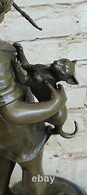 Petite Fille Coquine Avec Chat Avec Stick Bronze Statue Drôle Deco Figurine Décor