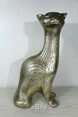 Poterie Rare Jaru Sculpture Chat Égyptien Milieu Du Siècle Moderne Métallique Art Déco