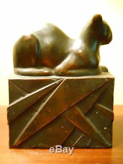 Rare Art Antique Déco Pompéien Bronze Égyptien Cat Bookend Grand Bronze Patina