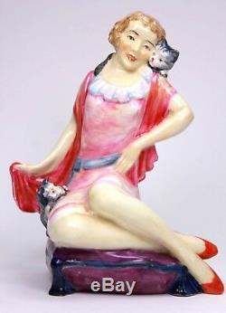 Rare Art Deco Play Mates Atlas China Grimwades Figurine Femme Et Chat, Circa 1930