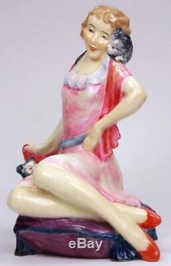 Rare Art Deco Play Mates Atlas China Grimwades Figurine Femme Et Chat, Circa 1930
