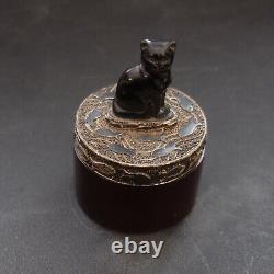 Rare Sajen 925 Sterling Obsidian Black Cat Boite À Boire