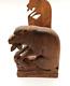 Rares Serre-livres Art Déco Panthère En Bois Sculpté Antique Avec Proie