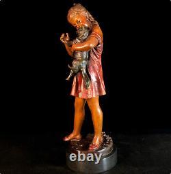Sculpture Art Déco Belle Fille Avec Chat Chat Statue De Bronze