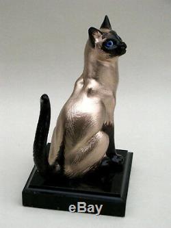 Sculpture De L'auteur Chat Siamois Bronze Piédestal Pierre Naturelle Livraison Gratuite