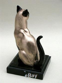 Sculpture De L'auteur Chat Siamois Bronze Piédestal Pierre Naturelle Livraison Gratuite