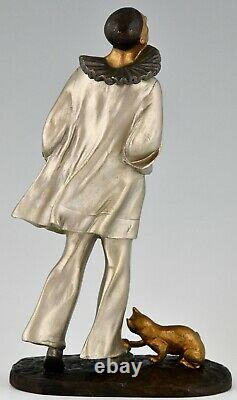 Sculpture En Bronze Art Déco Pierrot Et Chat Robert Bousquet France 1930