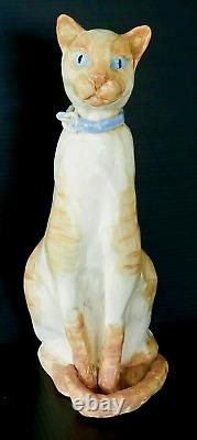 Sculpture en argile céramique vintage unique et originale de chat, faite à la main, de grande taille de 30 centimètres