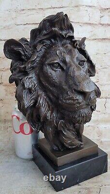Sculpture en bronze de tête de lion mâle africain, chat, buste signé, figurine en marbre Art Déco.