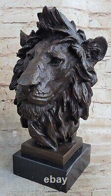 Sculpture en bronze de tête de lion mâle africain, chat, buste signé, figurine en marbre Art Déco.