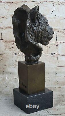 Sculpture en bronze de tête de lion mâle africain signée Art Déco en marbre œuvre d'art