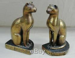 Signé H. Huber Clark Mish Art Painted Bronze Bookends Égyptien Deco Seated Cats
