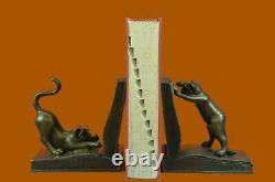 Signé Original Deux Livres De Chat Ludiques Fins De Livre Bronze Sculpture Déco Artwork
