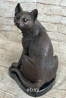 Signé Original Friendly Cat Feline Bronze Art Déco Base De Marbre Sculpture Statue