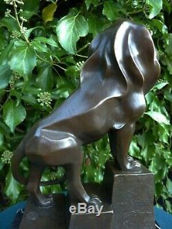 Statue En Bronze Signée Lion Art Déco Figure Cubiste Chat Sauvage Sculpture À Chaud Sculpture