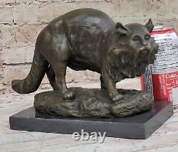 Statue de chat en bronze vintage fait main avec piédestal Art déco pour la maison, méthode de la cire perdue