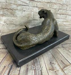 Superbe Art Déco 100% Grand Bronze Puma/leopard/ Jaguar/ Big Cat Sculpture Déco