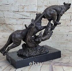 Superbe Art Déco Grand 100% Bronze Puma Leopard Jaguar Grand Cat Sculpture Décor