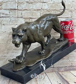 Superbe sculpture en bronze de puma léopard jaguar grand chat sauvage Art Déco à 100%