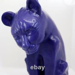Van Briggle Des Années 1980 Poterie Cobalt Blue Glaze Cheminée Cat Art Déco Style Statue