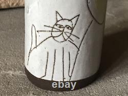 Vase en céramique vintage Art déco abstrait avec visage incisé de chat, signé, du milieu du siècle dernier