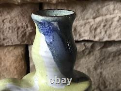 Vase en céramique vintage Art déco abstrait avec visage incisé de chat, signé, du milieu du siècle dernier
