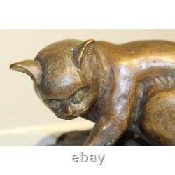Vintage 20th Art Deco Bronze Figurine De Chat Jouer Avec Une Tortue 16 CM