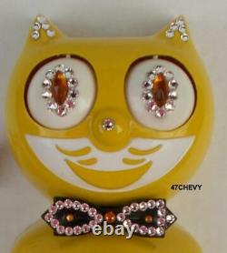 Vintage 80s Électrique-yellow Kit Jeweled Cat Klock-kat Clock-felix-original-works