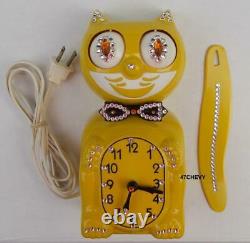 Vintage 80s Électrique-yellow Kit Jeweled Cat Klock-kat Clock-felix-original-works