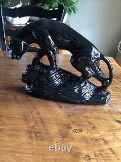 Vintage Art Déco Black Panther Big Cat Statue En Céramique Figurine