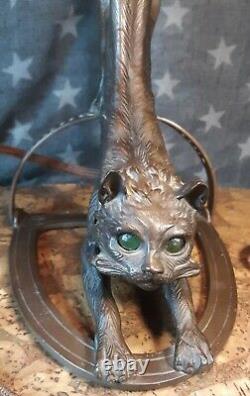 Vintage Art Deco Cast Bronze Crouching Cat Lamp Yeux Verts Excellent Con. #33