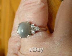 Vintage Art Déco Cats Eye & Diamond Ring En Or Blanc 14 Ct