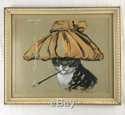 Vintage Chats Meow Glamorous Smoking Cat Retro Art Déco MCM 11x13 Encadrée