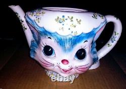 Vintage Lefton Miss Priss Cat 7 Pc Set Teapot, Creamer & Sugar Withlids, S&p