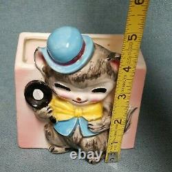 Vtg Rare Small Norcrest Porcelain Art Déco Detective Cat Planter Blue Bowler Hat
